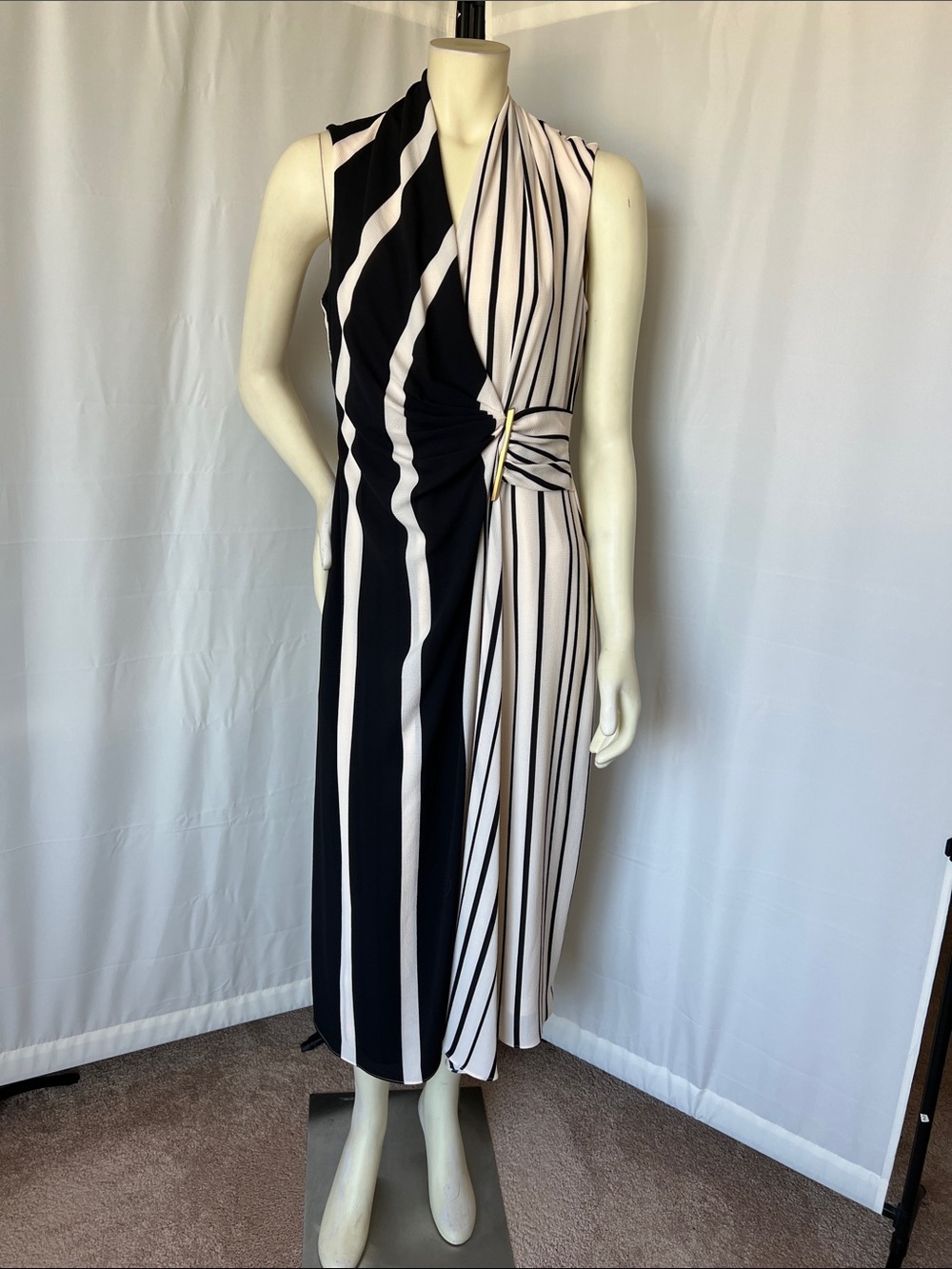 Donna Karan Black and White Striped Twist-Front Midi Dress